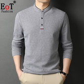 秋装 上衣全棉体恤衫 纯棉中年长袖 T恤男小立领宽松休闲纯色爸爸装