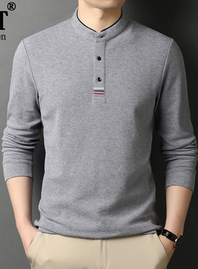 秋装纯棉中年长袖T恤男小立领宽松休闲纯色爸爸装上衣全棉体恤衫