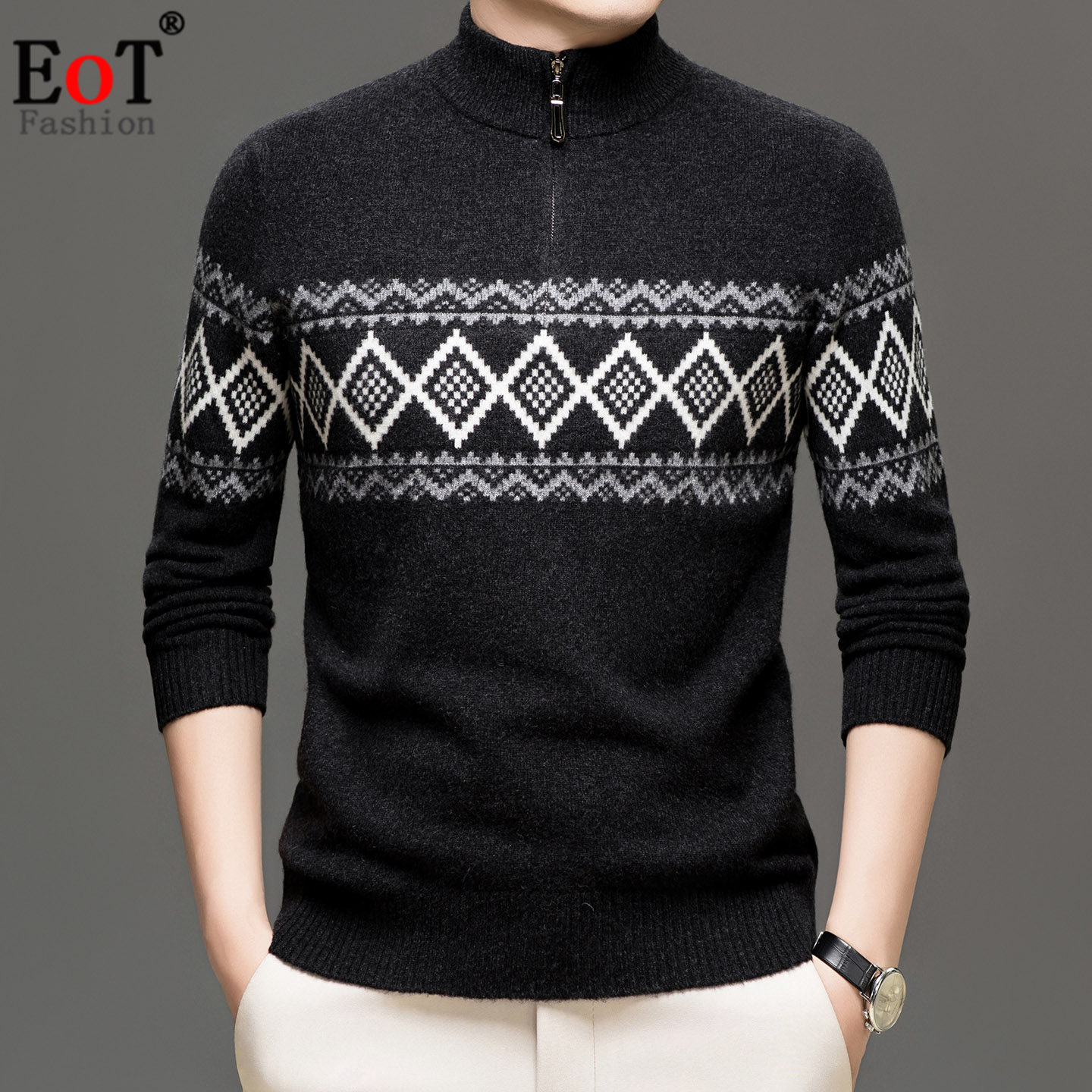 秋冬中青年男士半高立领100%纯羊毛衫加厚保暖半拉链打底针织毛衣