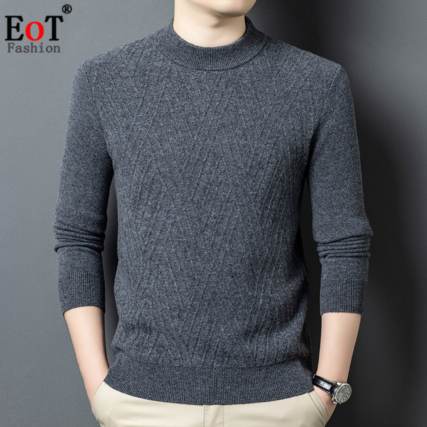 100%纯羊毛衫加厚保暖提花圆领套头秋冬季爸爸装打底针织衫毛衣男