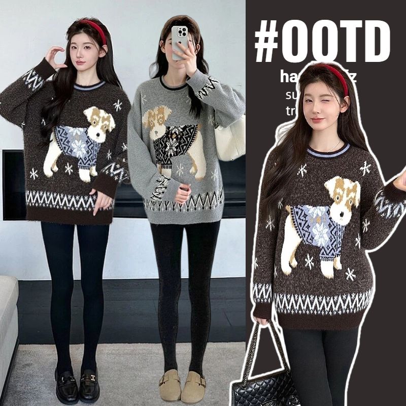 新款孕妇装百花绒长袖上衣针织打底衫卡通宽松秋冬圆领保暖毛衣