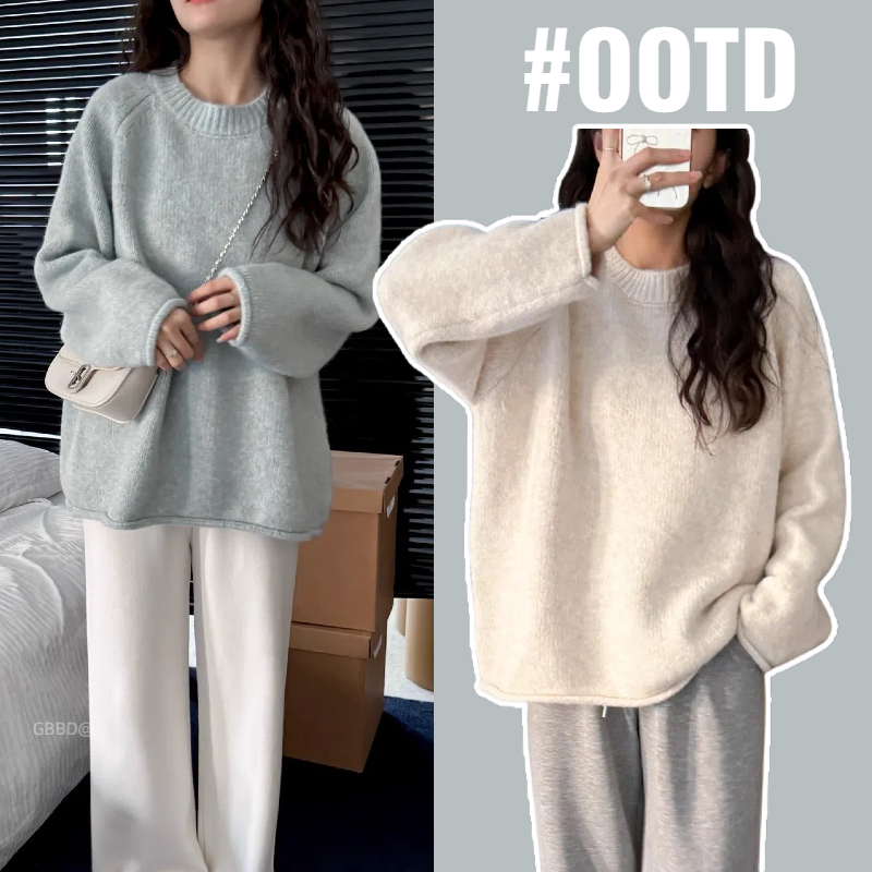 2025秋冬孕妇装韩系复古卷边圆领套头毛衣宽松慵懒风设计感针织衫