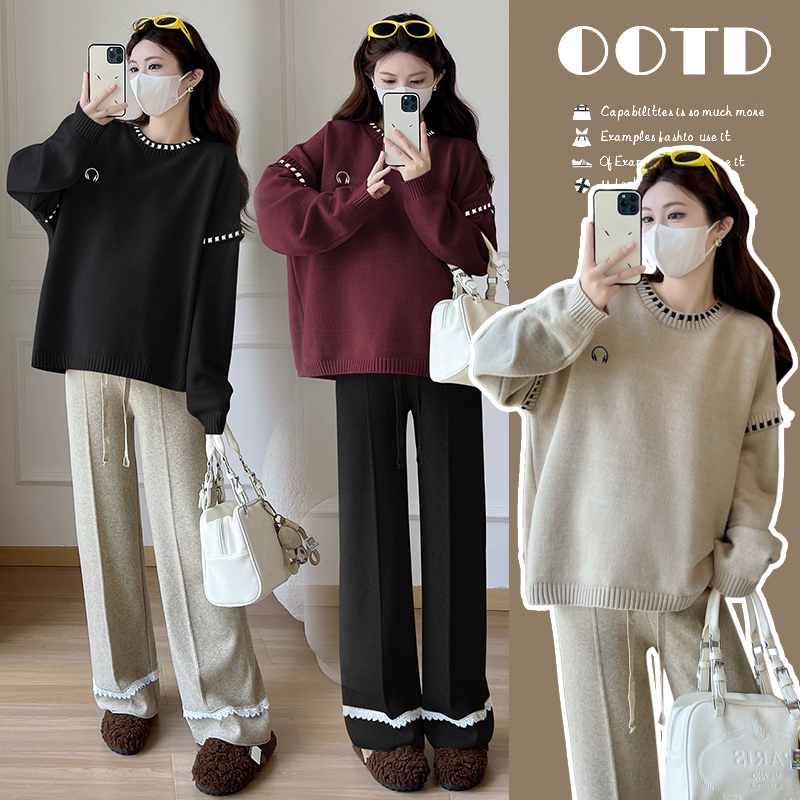 慵懒风宽松提花刺绣圆领加厚孕妇毛衣秋冬新款百搭针织可打底上衣