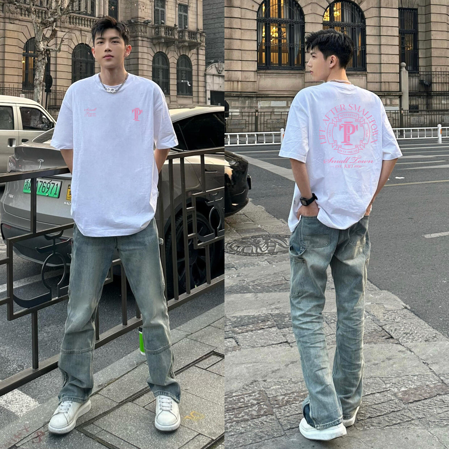潮牌圆形排版字母印花短袖T恤男