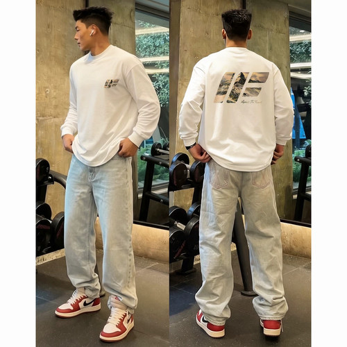 美式复古vintage印花长袖t恤男