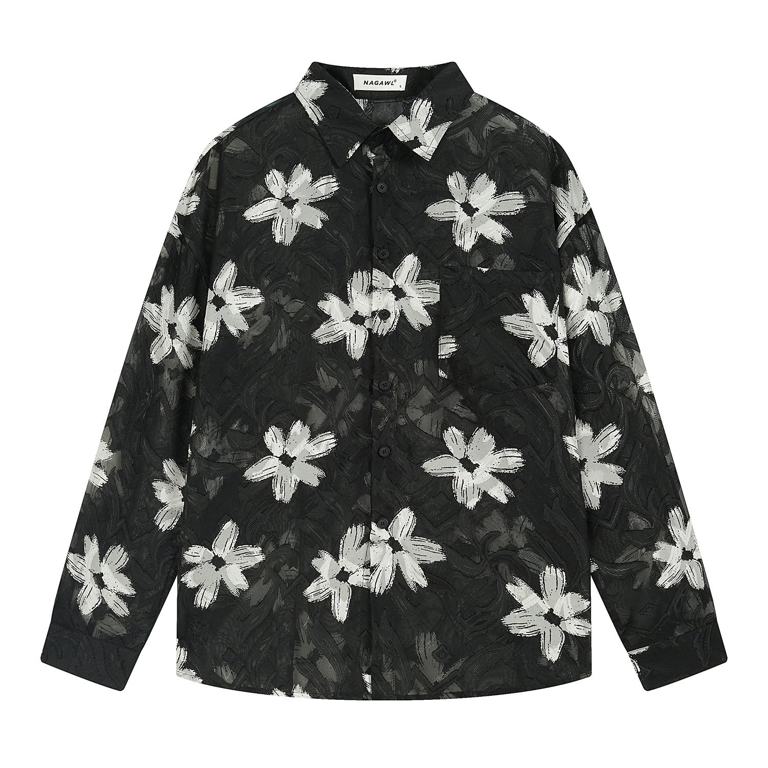 2026春季黑色高级感透明港风长袖花衬衫男士痞帅抗皱免烫宽松衬衣