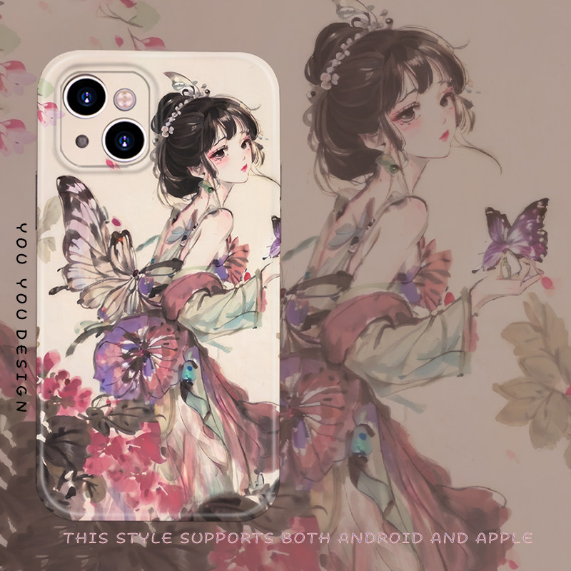 国风插画花丛蝴蝶豆蔻少女适用iphone15promax华为mate60p苹果14plus一加ace3小米13opporeno8/vivos9e手机壳,3C数码配件,手机保护套/壳,淘宝优惠券,粉丝福利购,淘宝优惠卷