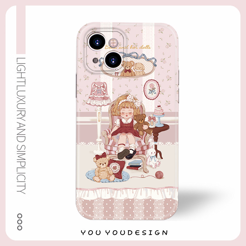 粉色插画少女心可爱玩具熊适用于iPhone18promax苹果13IMD光面磁吸高颜值华为畅享60红米Turbo4Pro菲林手机壳