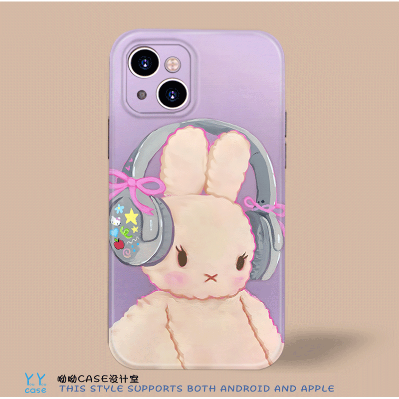 可爱卡通耳机萌兔适用于iPhone16promax苹果15光面全包菲林软红米k40华为p70nova13opporeno12安卓手机玻璃壳