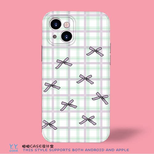 韩系清新薄荷绿格纹淡紫蝴蝶结女款适用iPhone18promax苹果imd磁吸17全包菲林光面opporeno16vivos50手机软壳