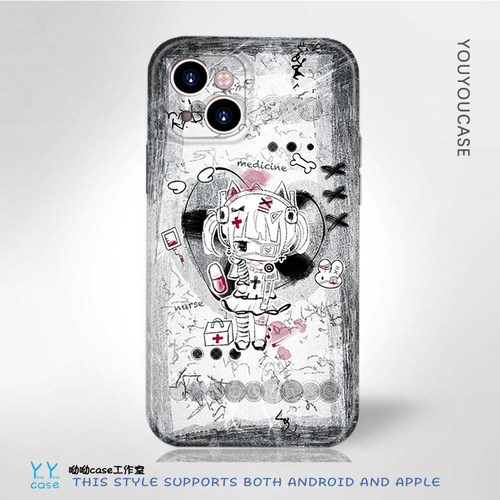 暗黑小众二次元插画少女适用于iPhone13promax苹果15plus全包光面菲林防摔透明华为mate60小米13iqoo12手机壳