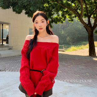 配腰带 字肩斜肩两穿软糯质感宽松保暖毛衣 Y359红色 GODDESS