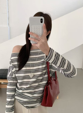 ULOUR/U粒-26年早春韩系薄款斜肩条纹长袖T恤