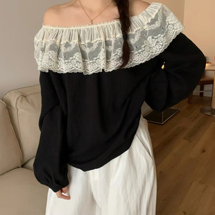 超重工花边拼接无敌精致时髦一字肩穿巨美小衫 版 BELLA HEY