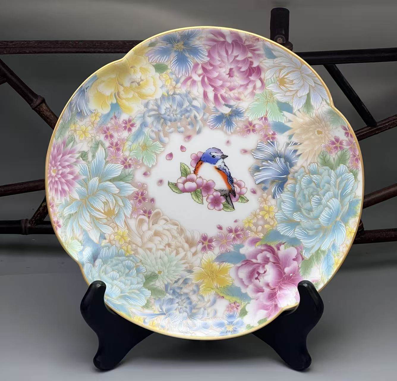 日本九谷晴明蓝雀鸟百花不落地四叶草陶瓷大盘赏盘,餐饮具,盘,淘宝优惠券,粉丝福利购,淘宝优惠卷