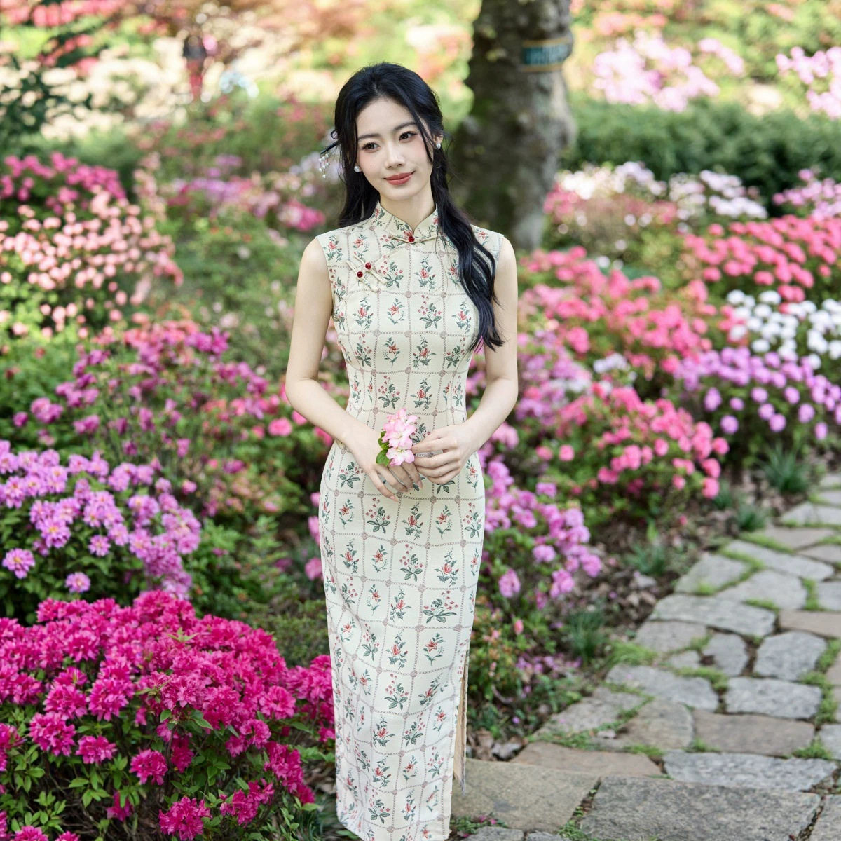 复古民国风无袖旗袍连衣裙立领斜襟盘扣格纹碎花显瘦开叉日常长款