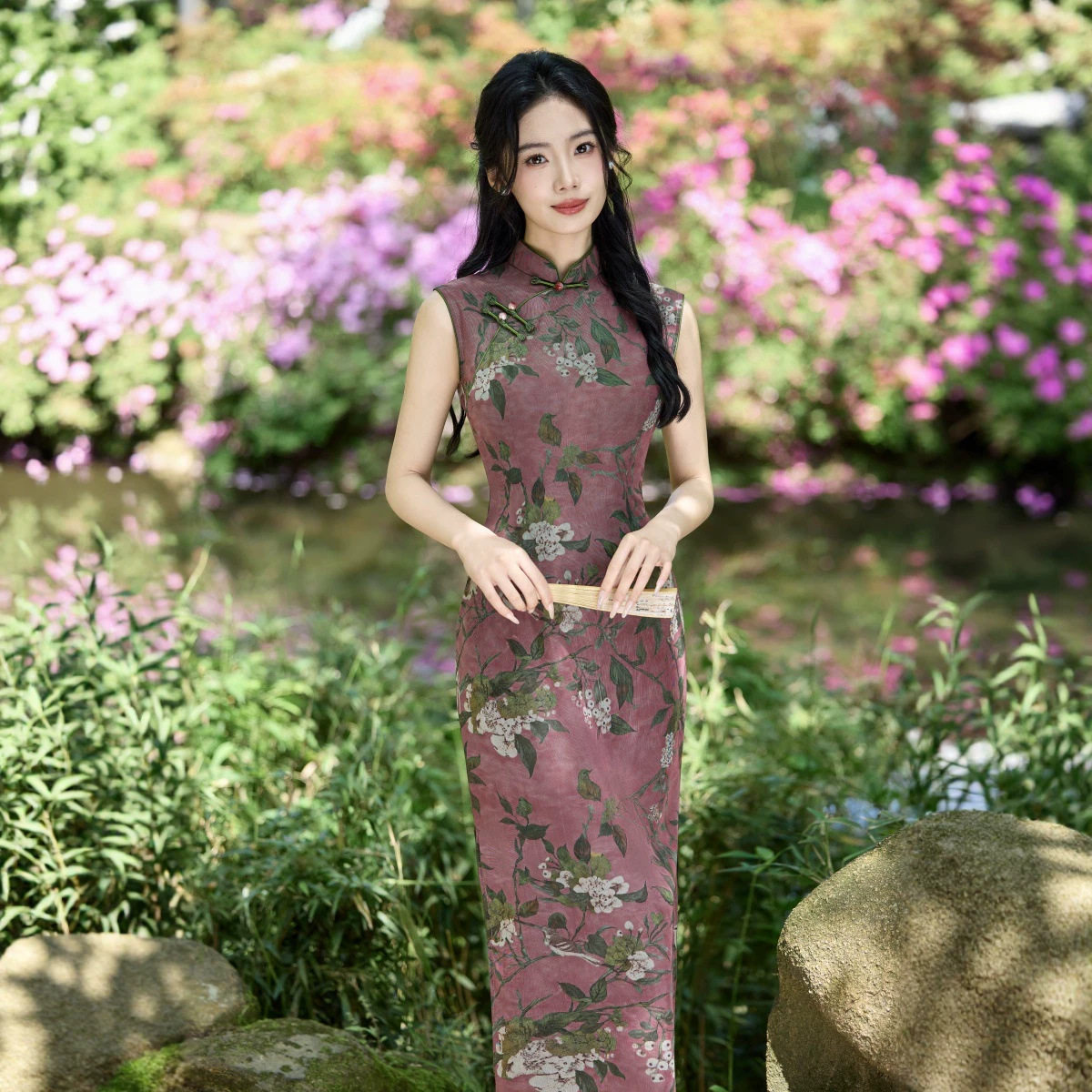 复古花卉印花无袖旗袍夏季新中式立领盘扣长款连衣裙出游显瘦女装