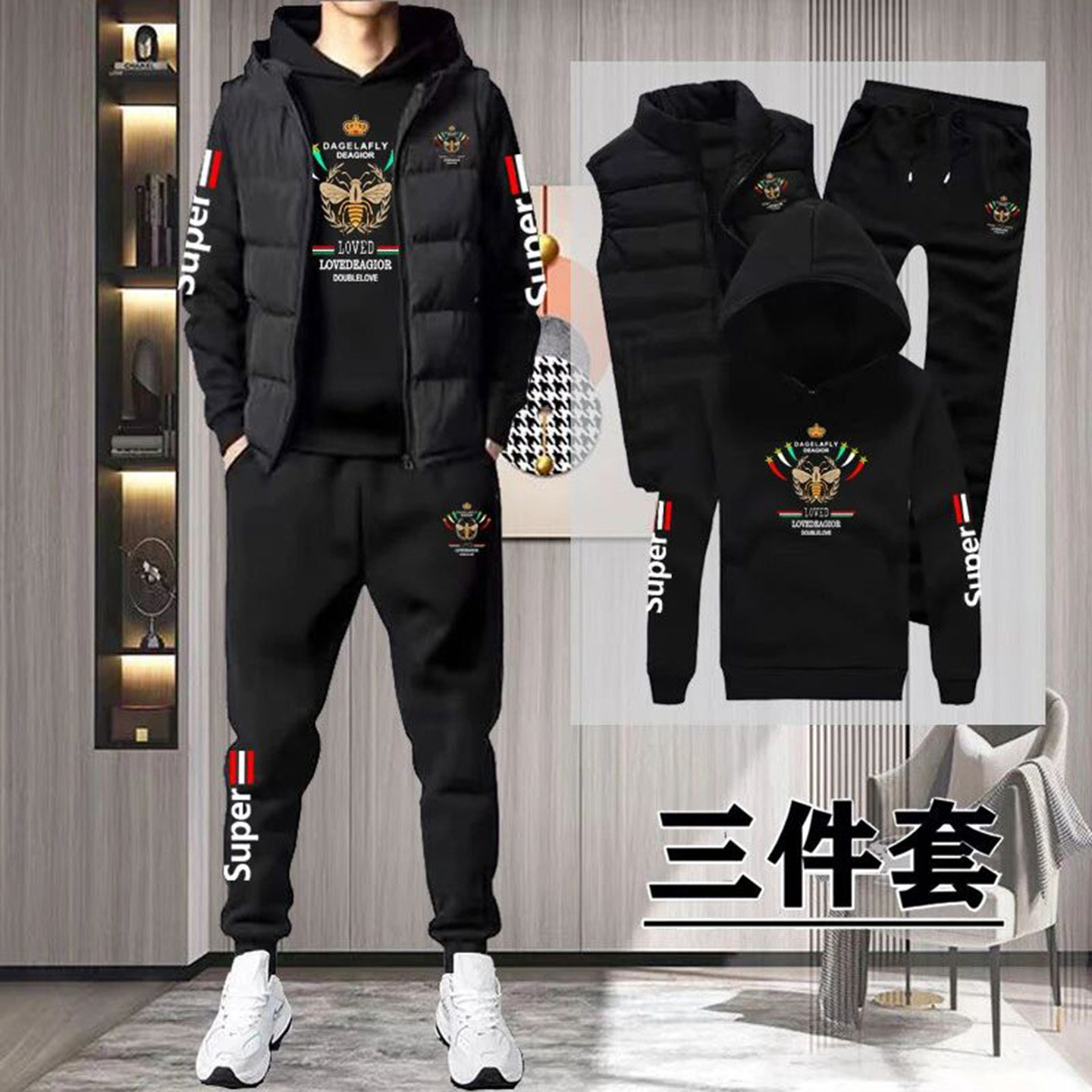 美丽精选好物男装秋冬季新款男士马甲帽衫三件套休闲运动时尚套装