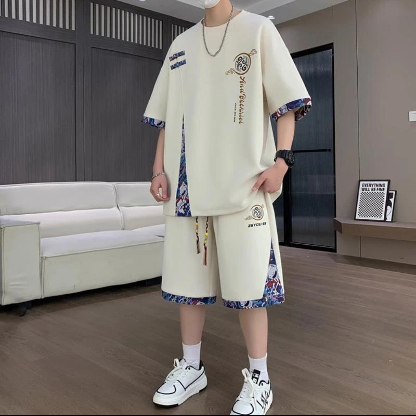 玟若夏季大码男装T恤新中式国潮运动套装男士宽松短袖短裤两件套