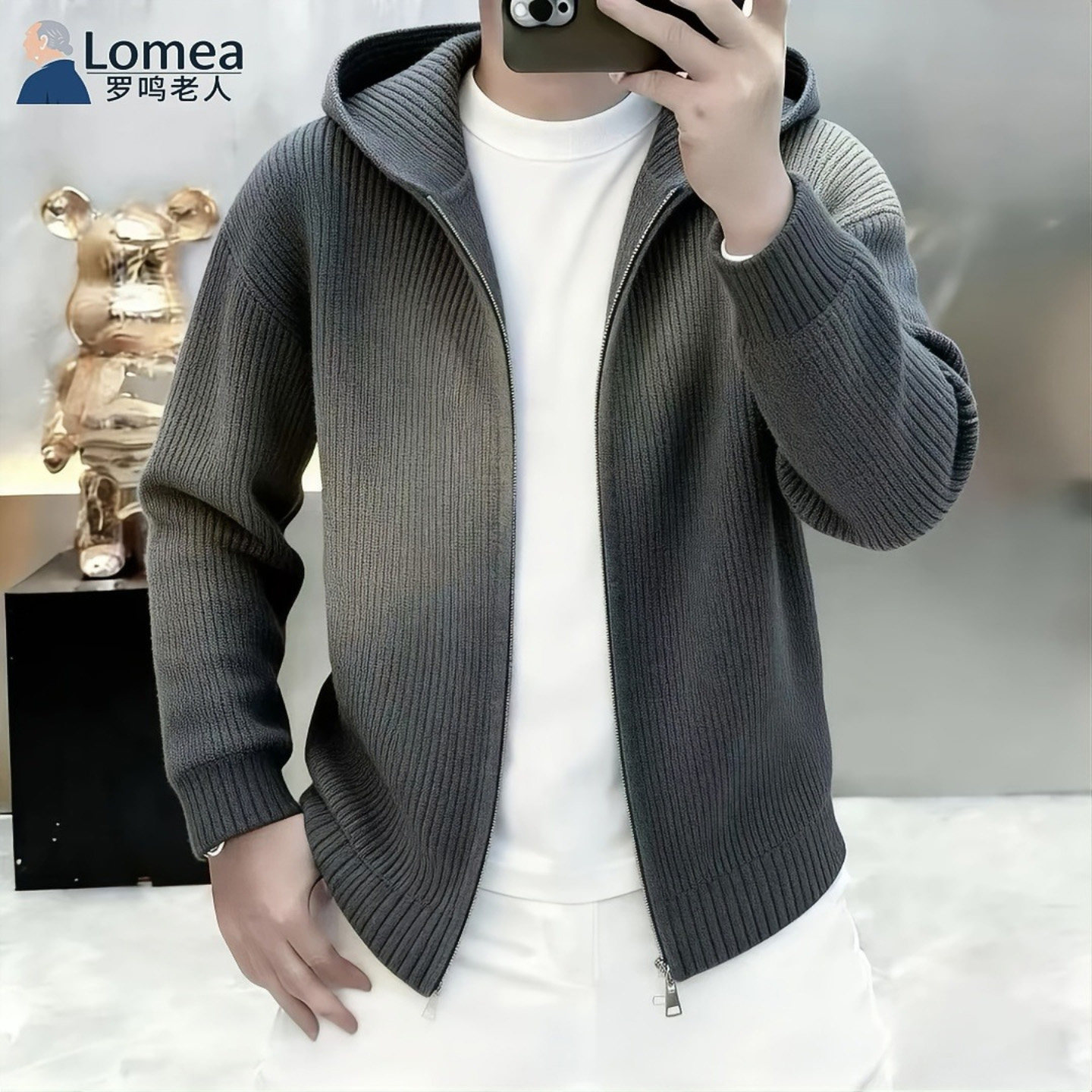 LOMEA罗鸣老人品牌男装飞行员外套秋季新款男士时尚连帽针织开衫