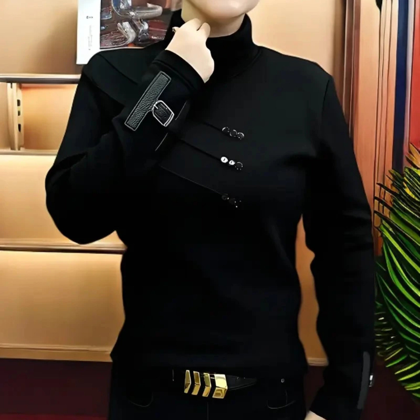 宏嫩男装男士高档商务卫衣高端进口轻奢黑刃斜扣加绒时尚休闲长袖