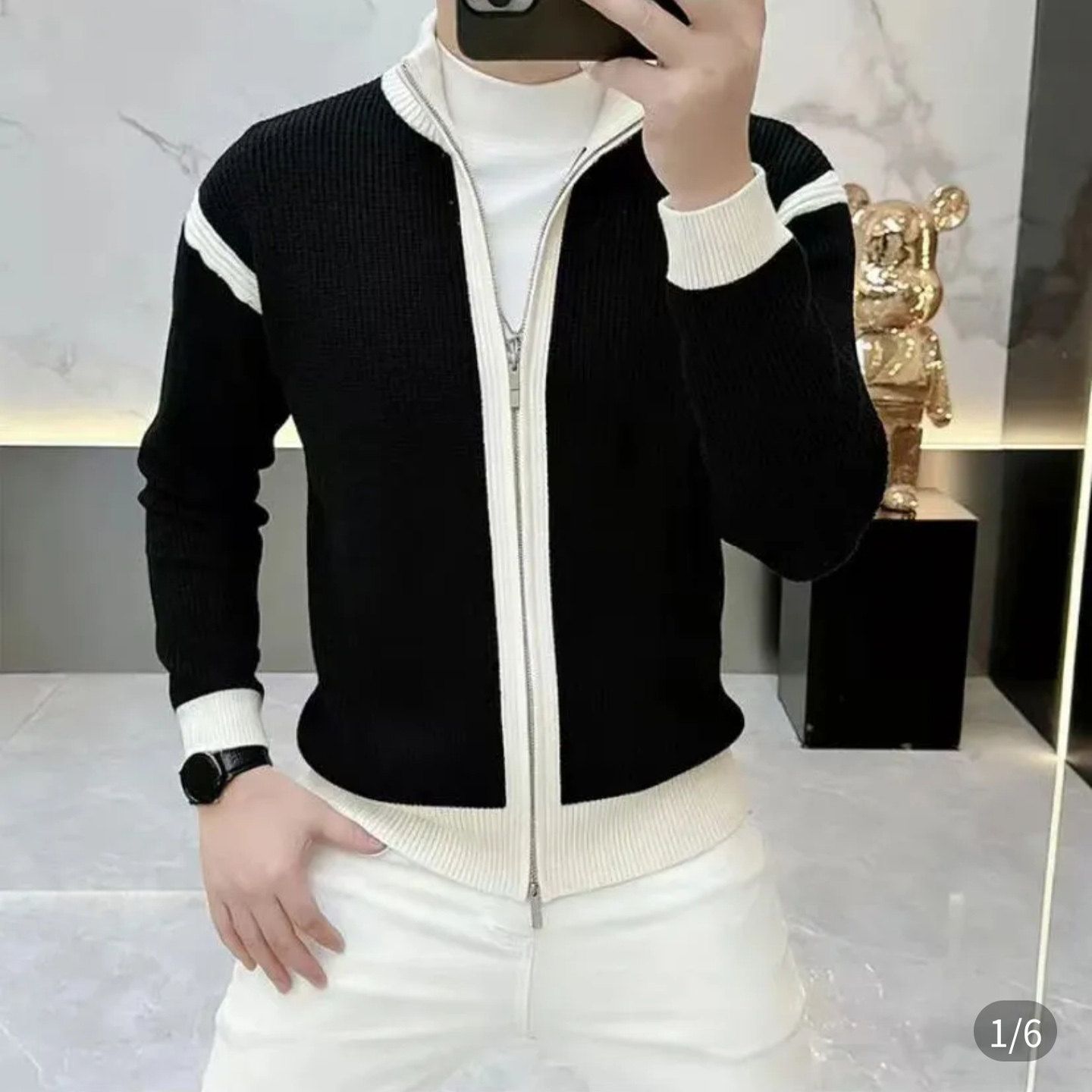 欧关轻奢男装秋冬新款潮牌针织开衫外套男士修身时尚百搭拼色毛衣