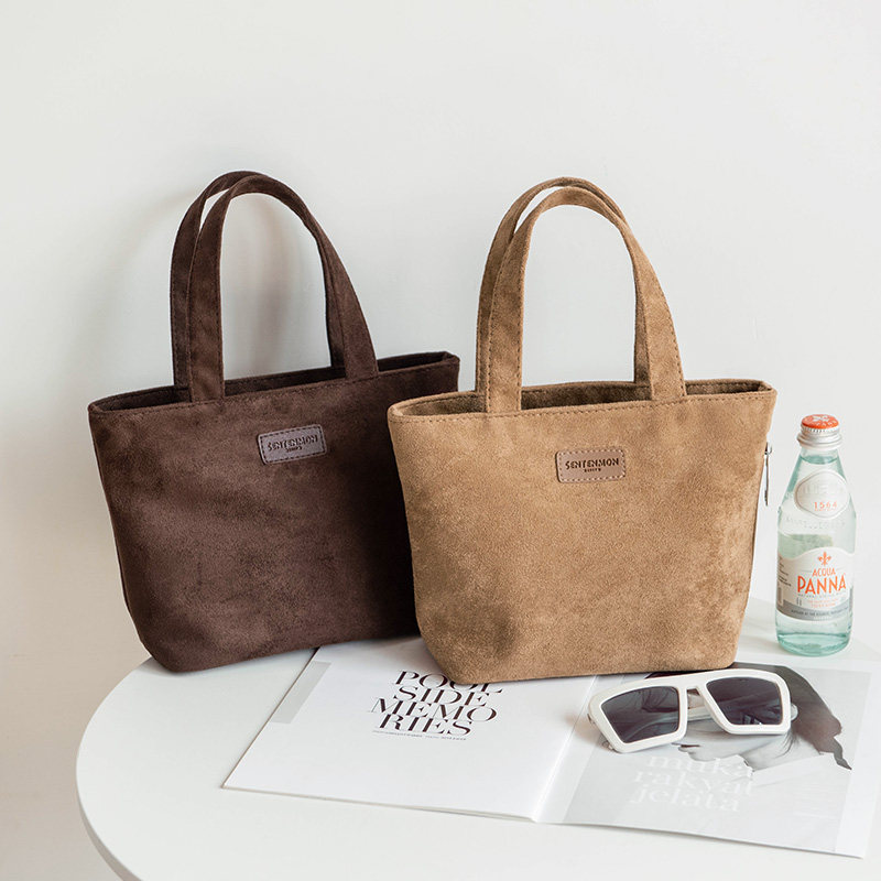 绒面手提包女2026原创仿麂皮绒简约布包日系简约化妆包休闲手拎包