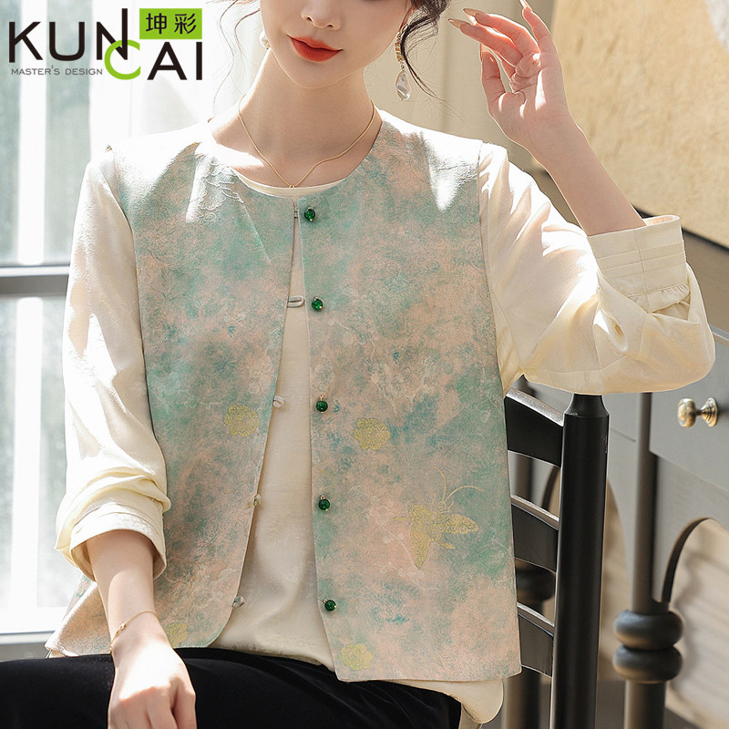 年轻妈妈春装新中式复古马甲套装气质上衣中年女装国风小衫两件套