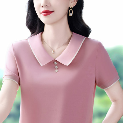 冰丝短袖t恤女2026新款翻领上衣女式宽松妈妈休闲装T恤夏女装