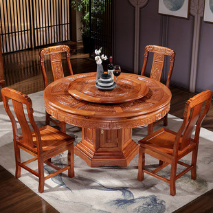 全实木餐桌中式红木圆形带转盘10人家用饭桌花梨木古典餐桌椅组合