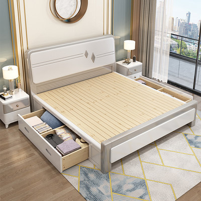 实木床现代简约1.8米双人床卧室床1.5米单人高箱储物婚床白色主卧