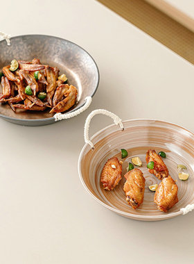 玖田烧粗陶麻绳盘子日式复古双耳鱼盘高颜值果盘酒店餐具家用菜盘