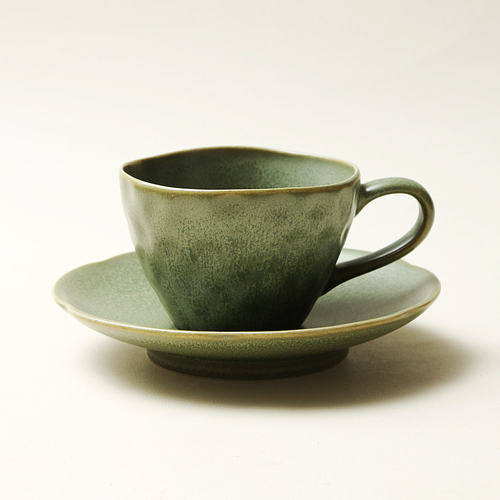玖田烧陶瓷抹茶绿咖啡杯碟套装