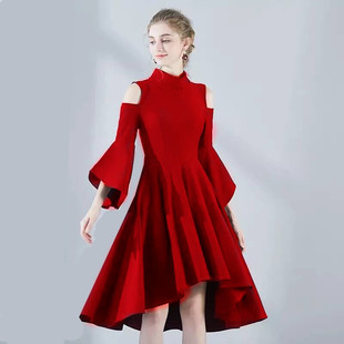 秋冬新款女燕尾露肩晚宴小礼服年会表演主持连衣裙显瘦大摆伞裙