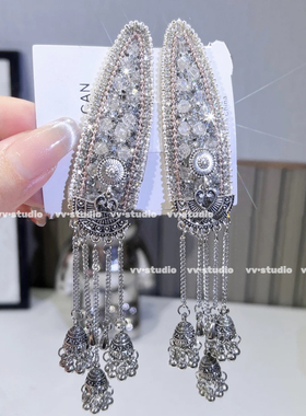 红宝铃铛流苏民族风女边夹发夹复古中古古典饰品走秀宫廷风夸张