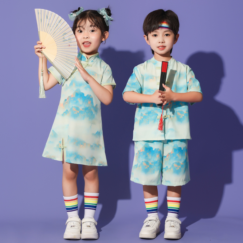 六一节儿童演出服汉服男童山水画中国风合唱马面裙小学生表演服装