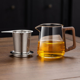 耐热玻璃公道杯月牙红绿茶胡桃木把加厚茶海公平杯分茶器不锈钢漏