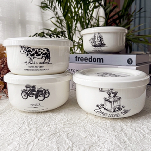 2025新款美式带盖陶瓷碗密封上班便当有盖骨瓷保鲜蒸碗微波炉加热