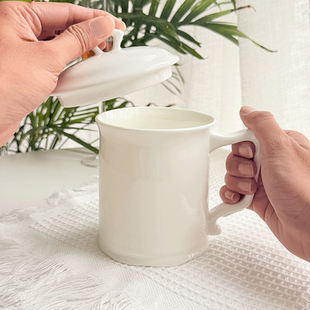 2025新款 纯白大容量骨瓷杯创意刻字家用陶瓷杯子带盖马克杯水杯