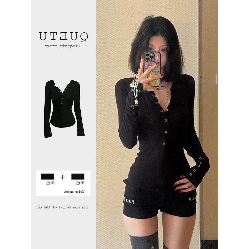 春季打底显瘦2026可外领T恤修身穿女衫新款长袖上衣内洋气V黑色搭