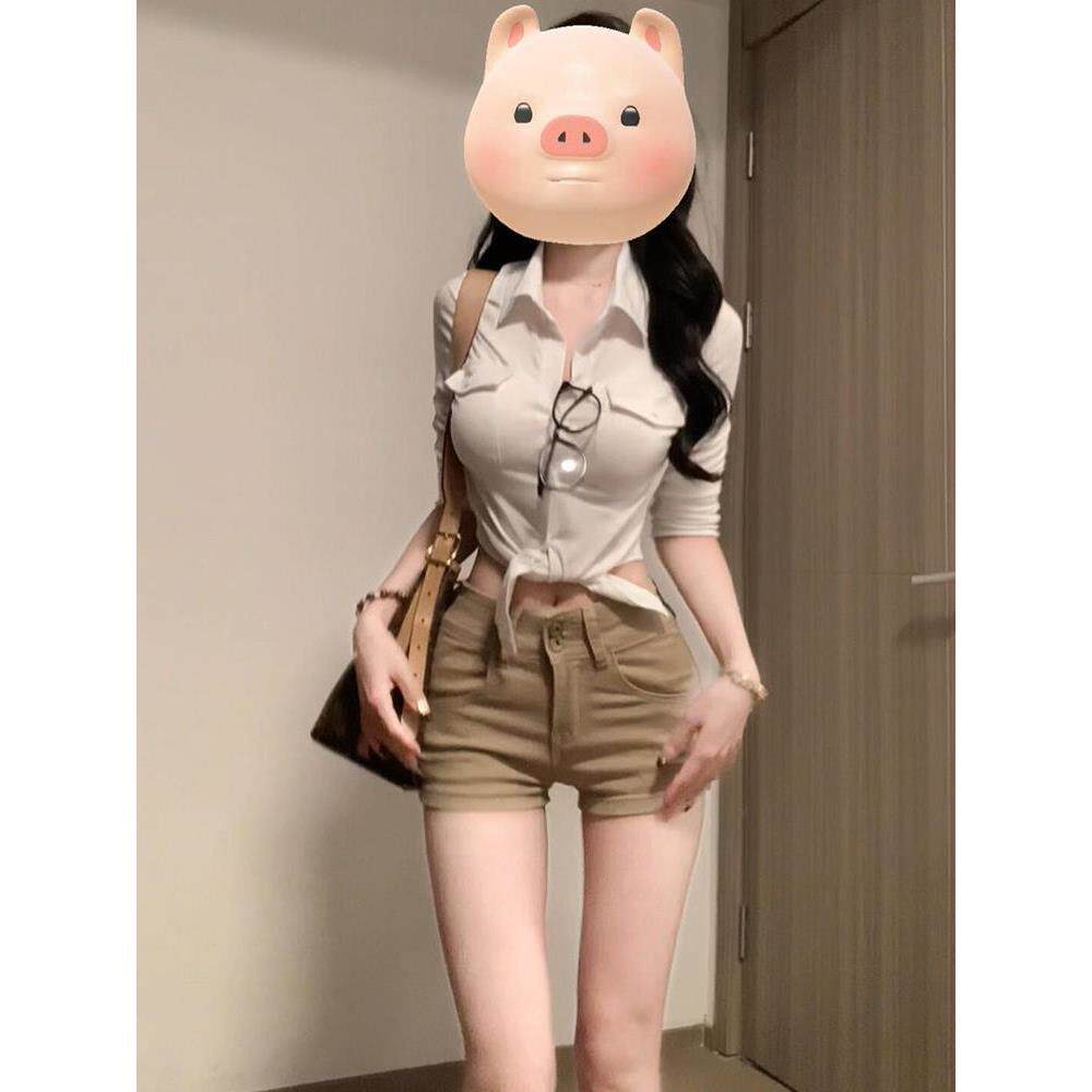 性感短款长袖白色翻领女装衬衣夏季显瘦领纯欲风修身衬衫上衣polo