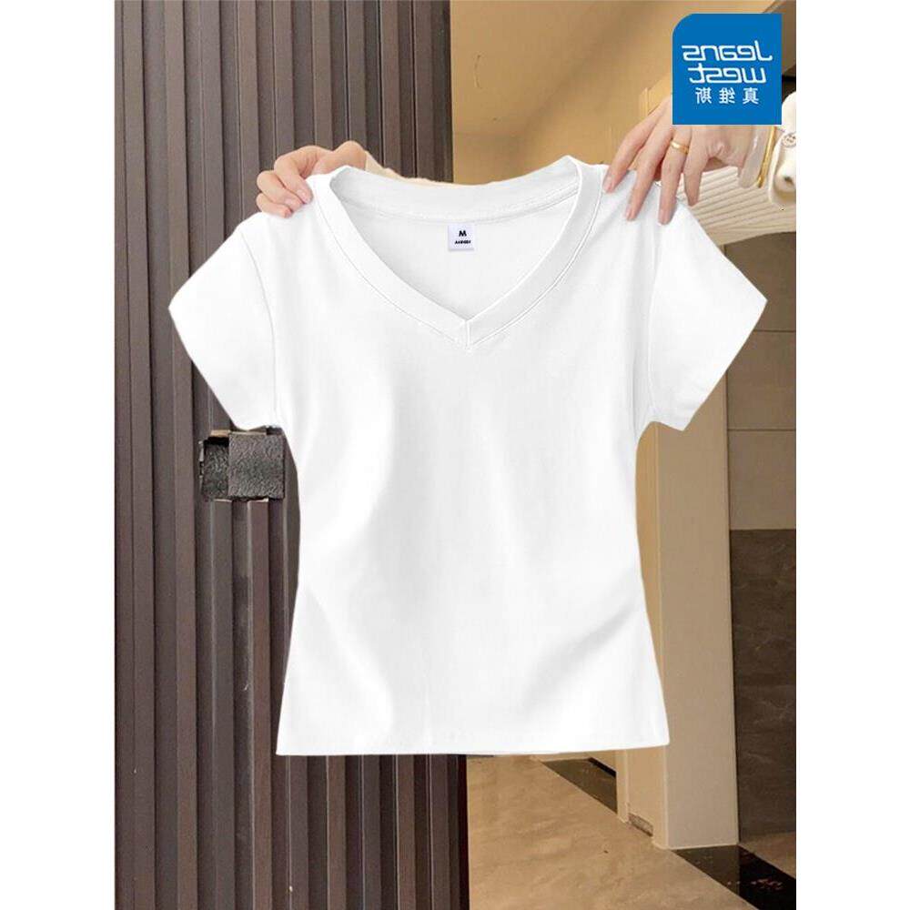 领T恤正衫爆款半袖衣纯棉v小个子白色夏季减龄女短袖X肩上