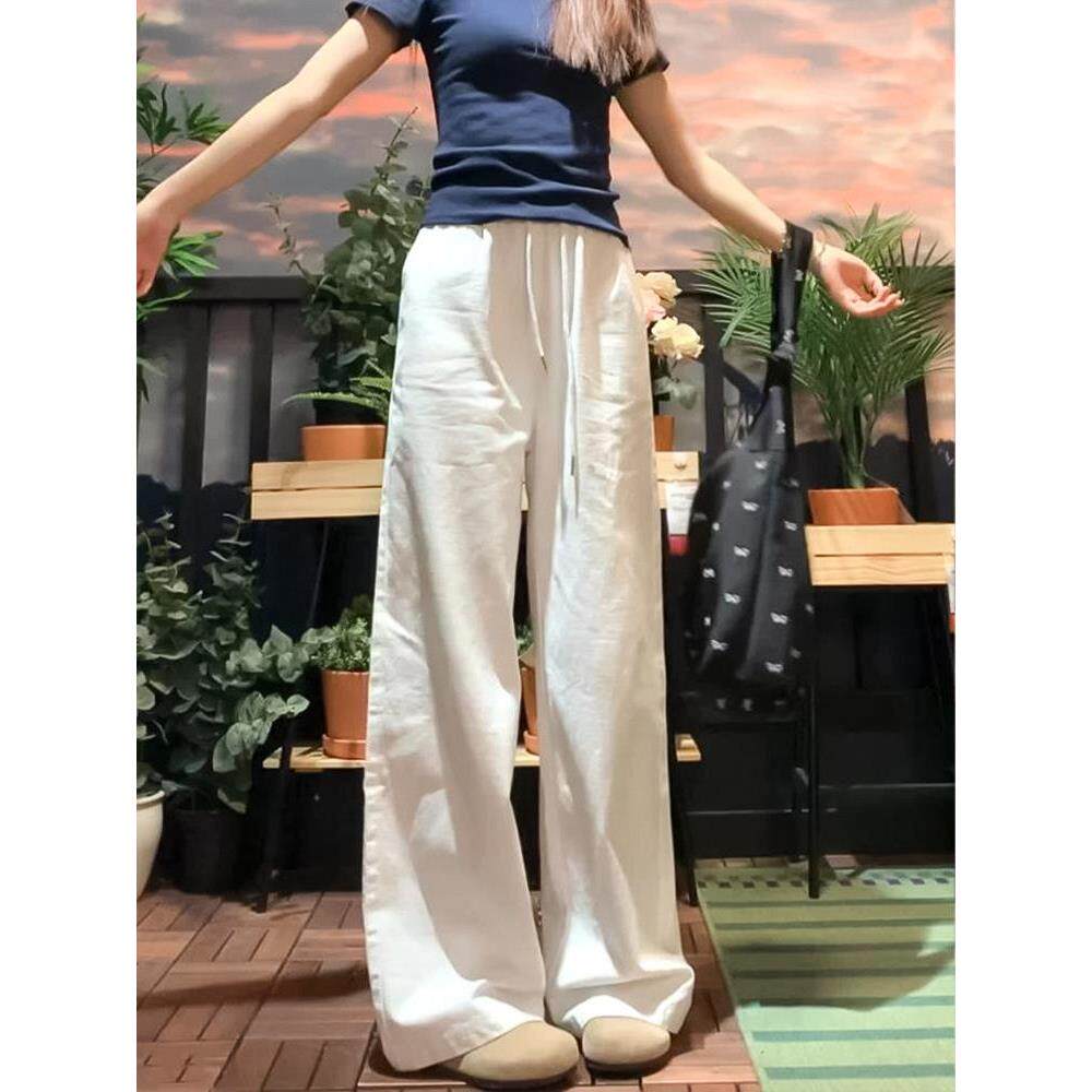 裤女小个子垂感夏季新款直筒棉麻白色牛仔裤宽松高腰抽绳2026阔腿