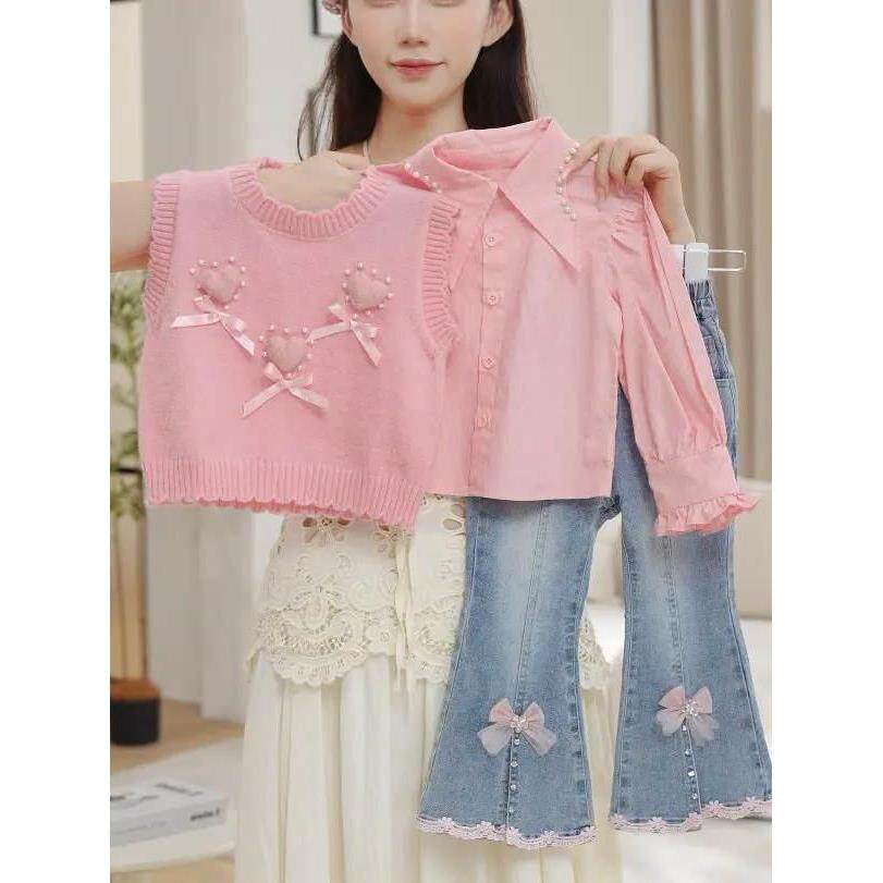 套装三件套儿童针织牛仔裤衬衫女童洋气马甲时髦春装春季休闲爱心