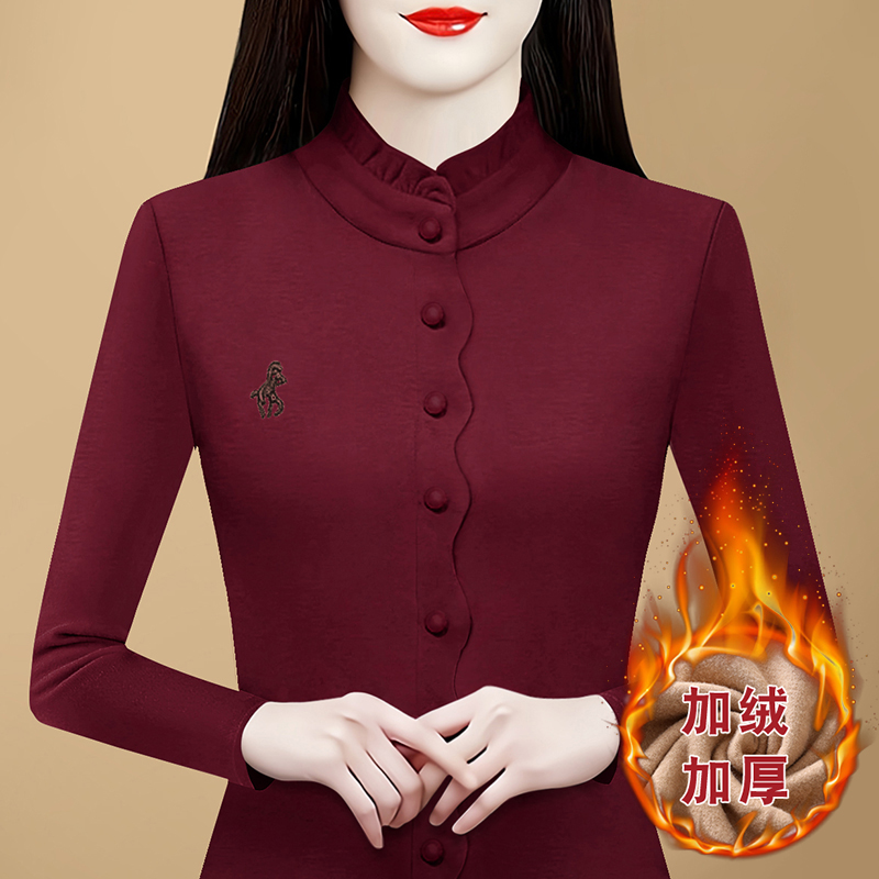 保暖一体绒绣花双面德绒打底衫