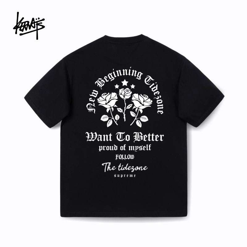 KERWATS潮牌大码玫瑰花英文印花t恤加肥加大男女情侣夏季落肩短袖