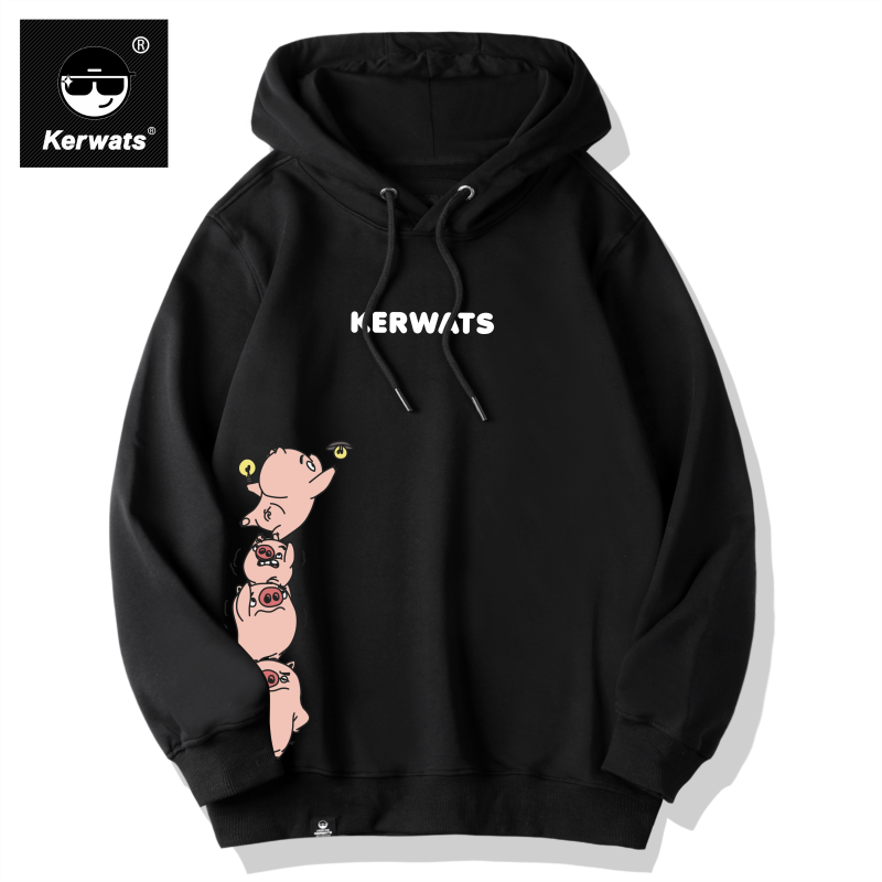 KERWATS品牌大码男女情侣小粉猪字母印花学生个性无性别连帽卫衣