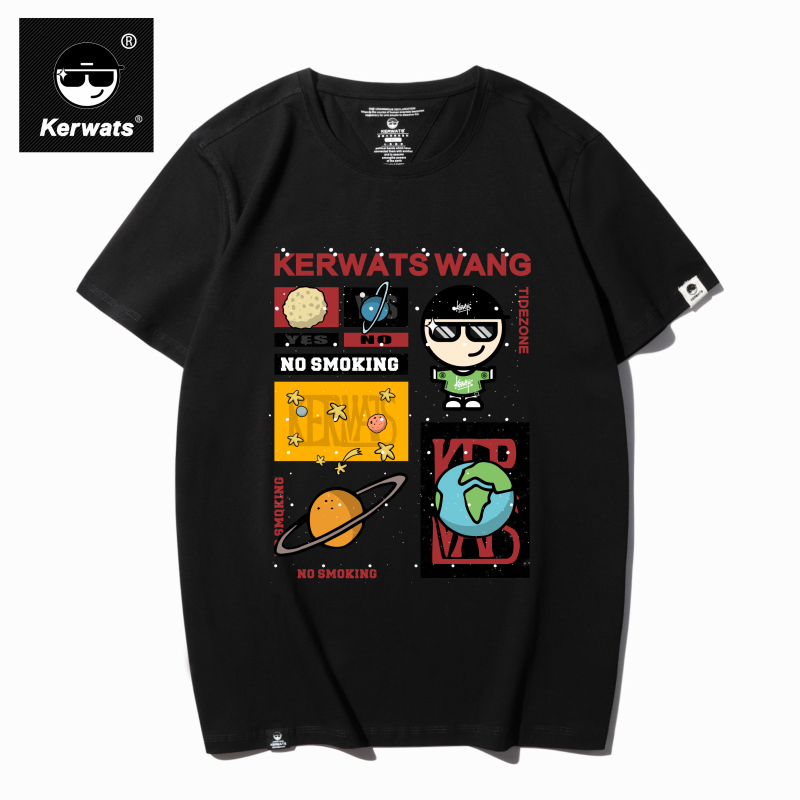 KERWATS可维斯品牌大码男女情侣小人星球图案印花95棉圆领短袖T恤