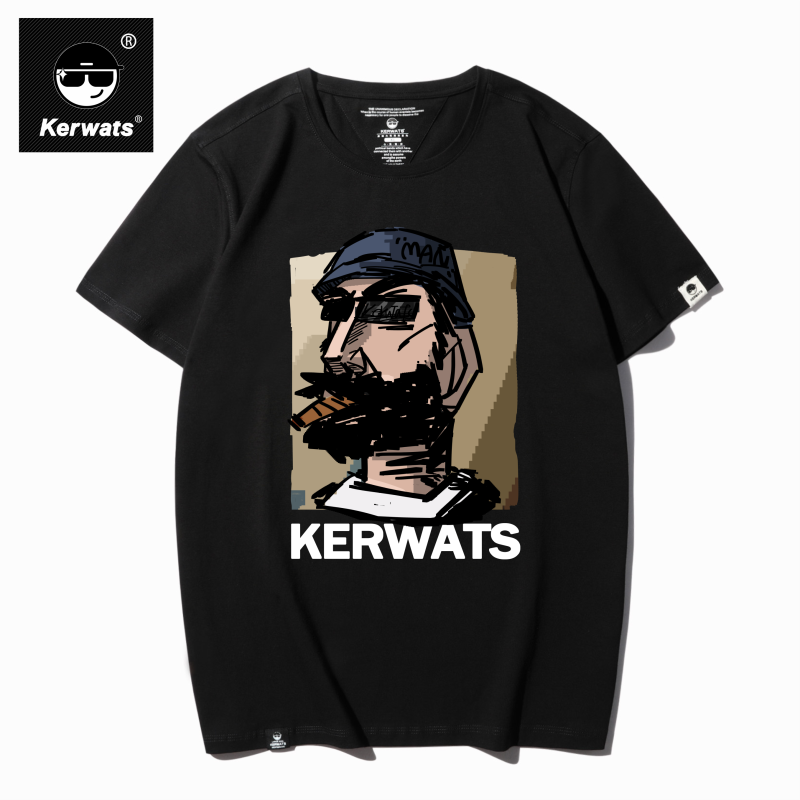 KERWATS可维斯品牌大码男女情侣无性别涂鸦胡子人物印花短袖T恤