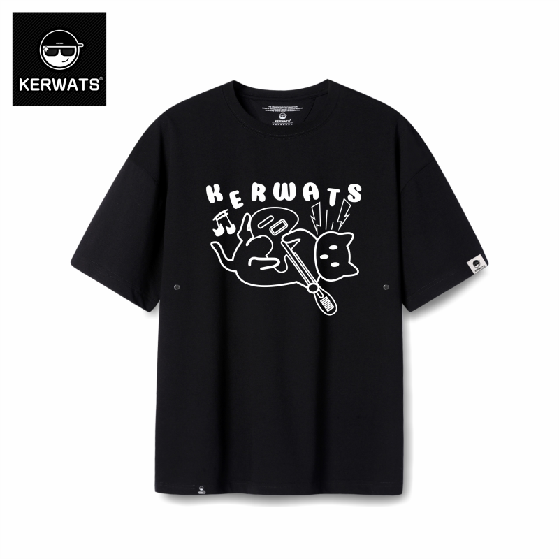 KERWATS可维斯品牌大码男女情侣无性别吉他小猫印花嘻哈风短袖t恤